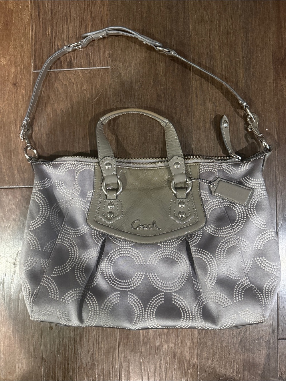 Coach Ashley Dotted Op Art Convertible Satchel in Silver Sateen